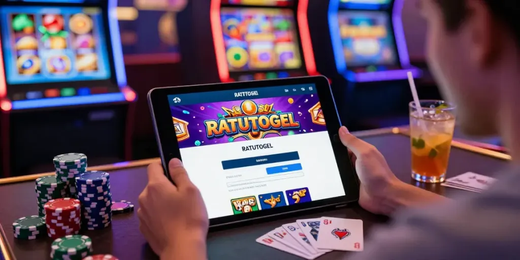 Pengguna bersemangat saat melakukan login ratutogel di perangkat tablet di lingkungan kasino online yang modern.