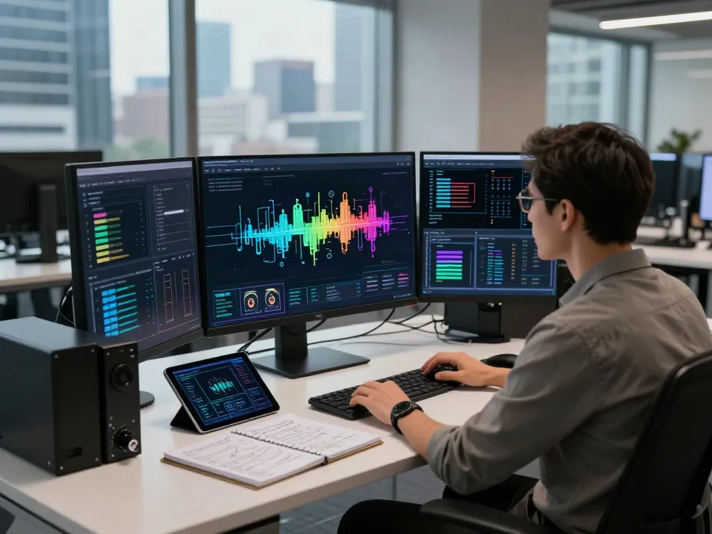 What are AI tokens visualized in a modern tech workspace with individual analyzing AI data flows.