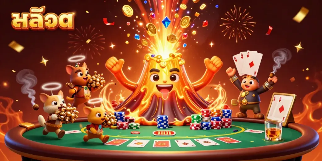 Spin the reels of สล็อต as golden treasures erupt from a triumphant volcano.