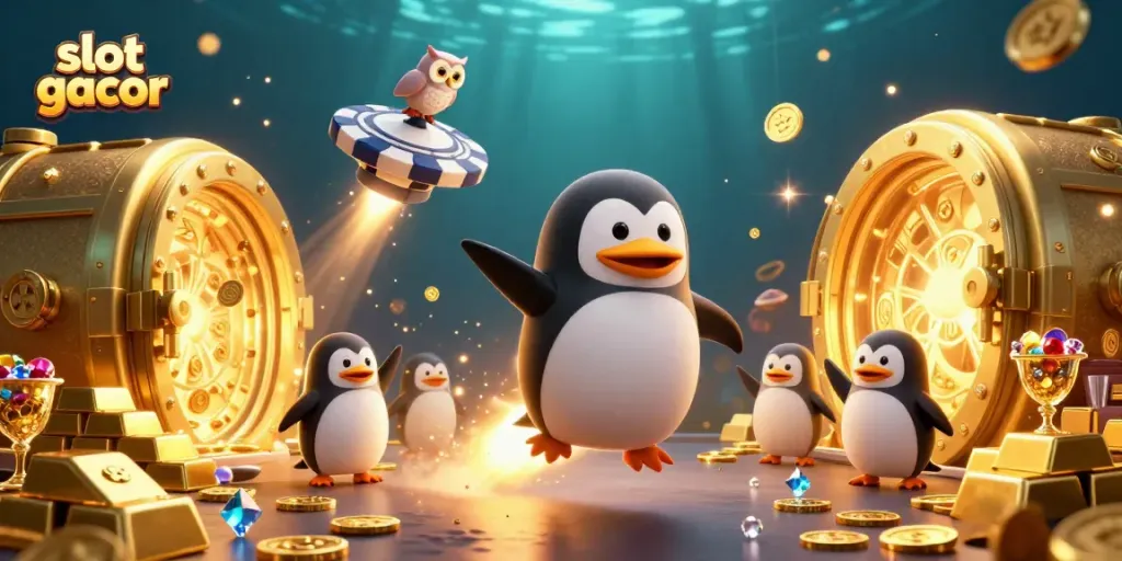 Experience slot gacor as a golden penguin propels through space, amidst treasures and a casino chip station.