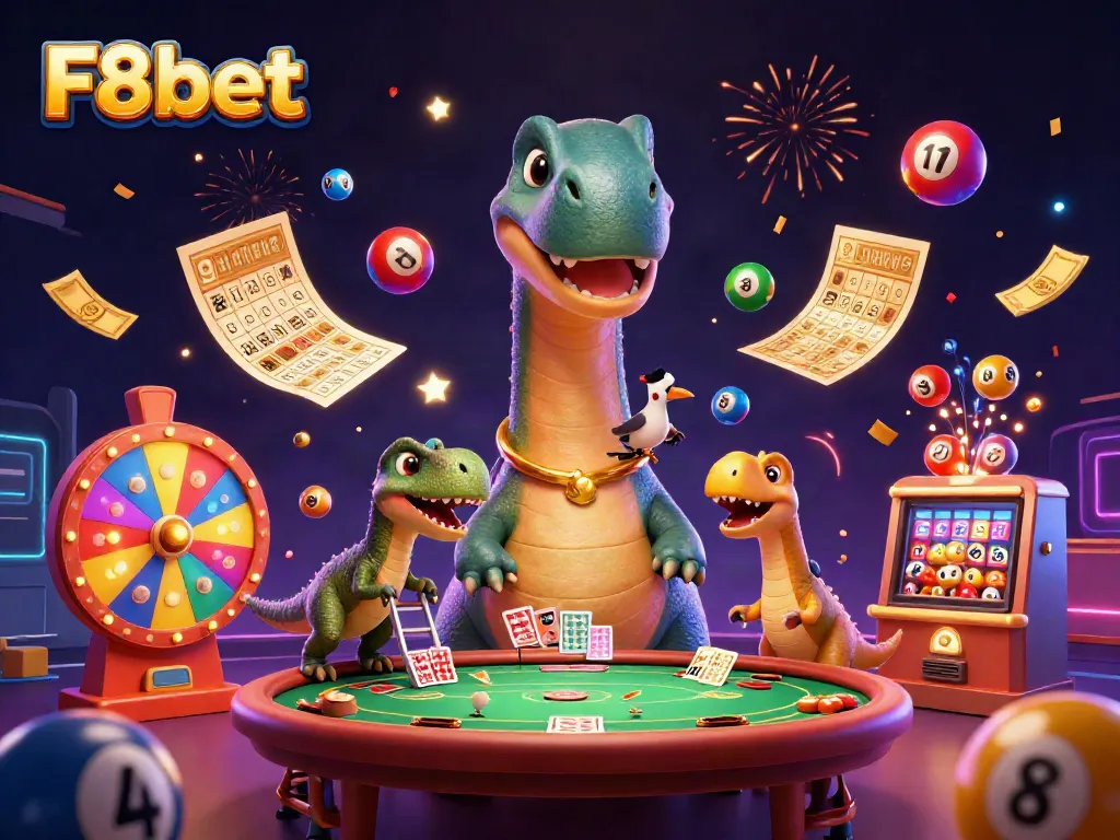 Experience the vibrant world of F8bet with exciting casino activities featuring a giant brontosaurus and clever raptor.