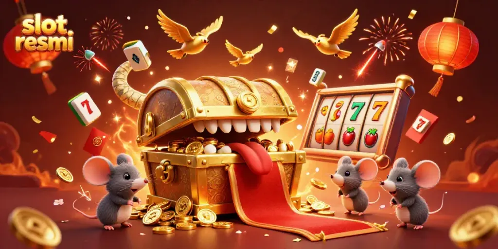 Engage players with slot resmi theme in a vibrant casino illustration featuring treasure chests and lucky symbols.