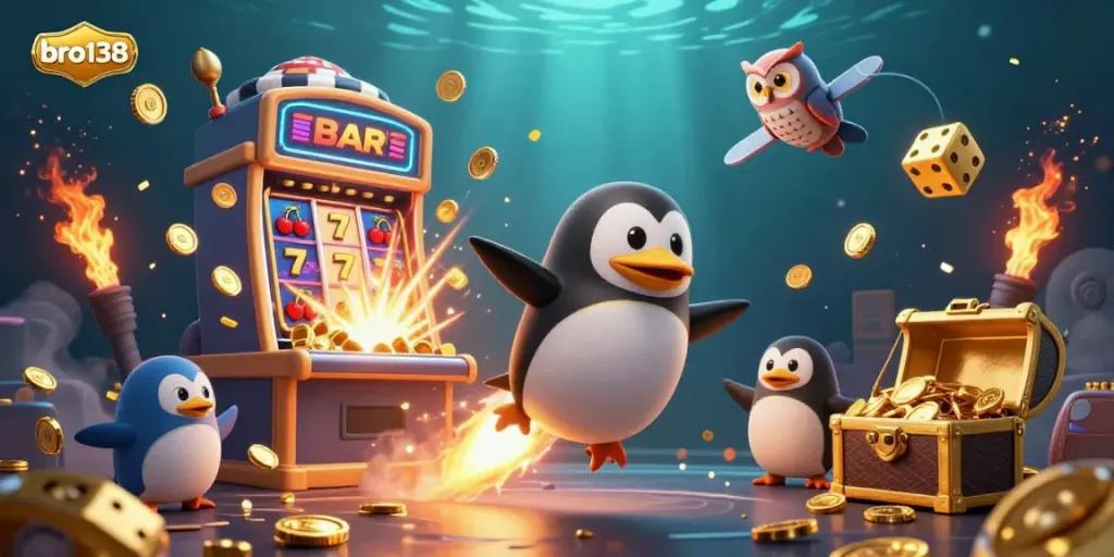 Experience thrilling gameplay with bro138 at an ultra-detailed casino scene featuring a golden penguin and slot machine.