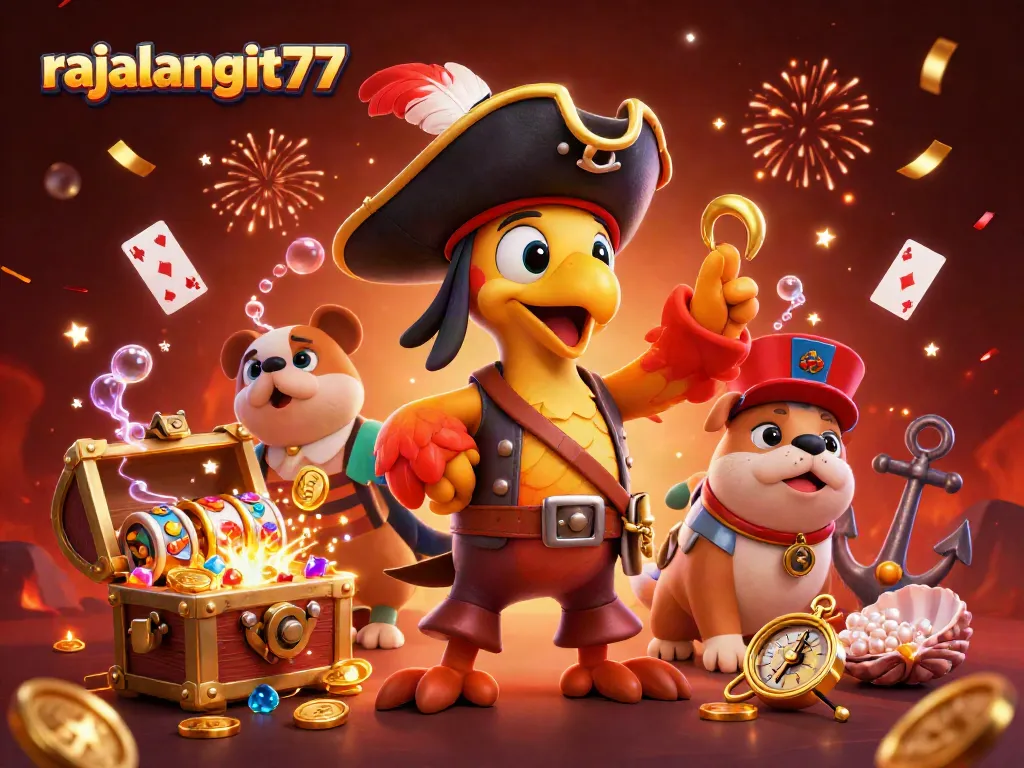 Ilustrasi 3D rajalangit77 menampilkan karakter kasino dengan suasana meriah, slot dan harta karun.