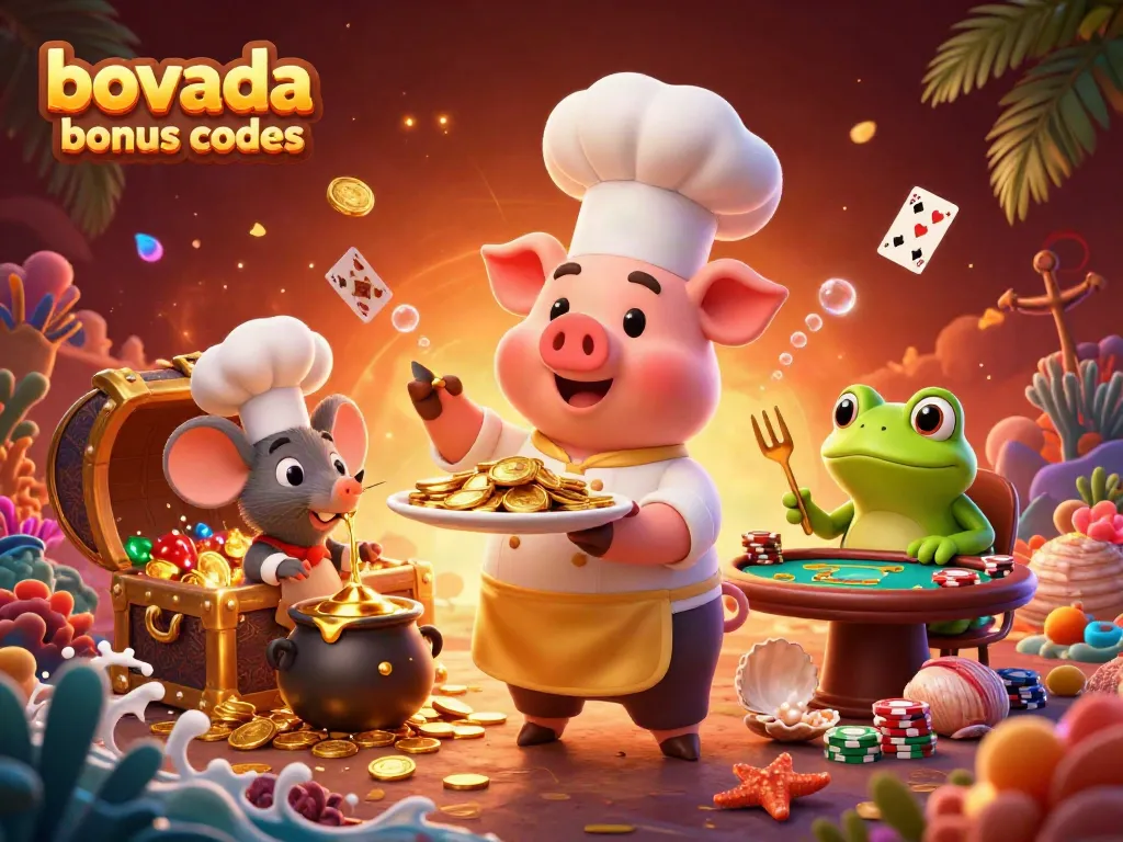 Bovada bonus codes offering players a fun casino experience, with gold coins, poker elements, and characters.