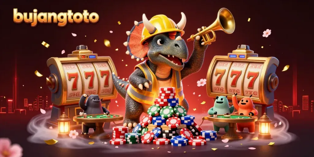 Engage in thrilling actions with bujangtoto as a triceratops cheers while building poker chip towers.