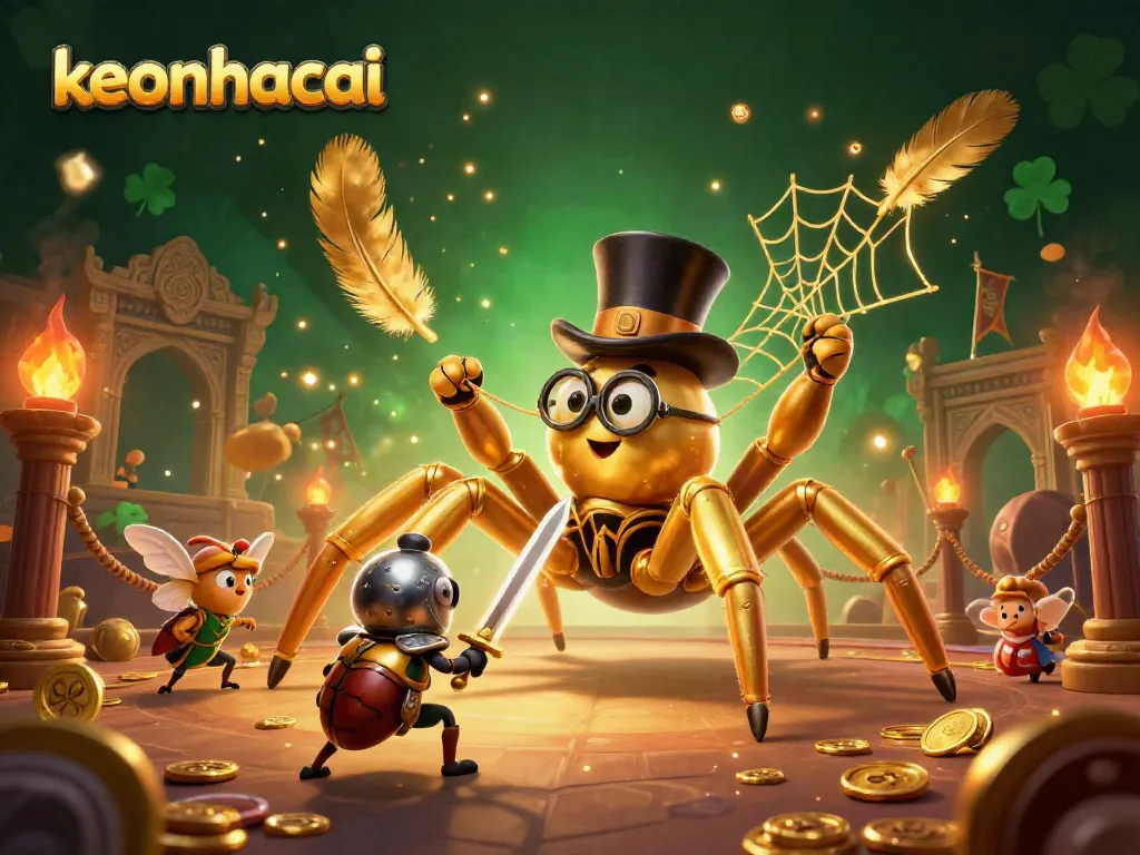 Engage with keonhacai as a cartoon golden tarantula weaves its golden web in a vibrant casino scene.