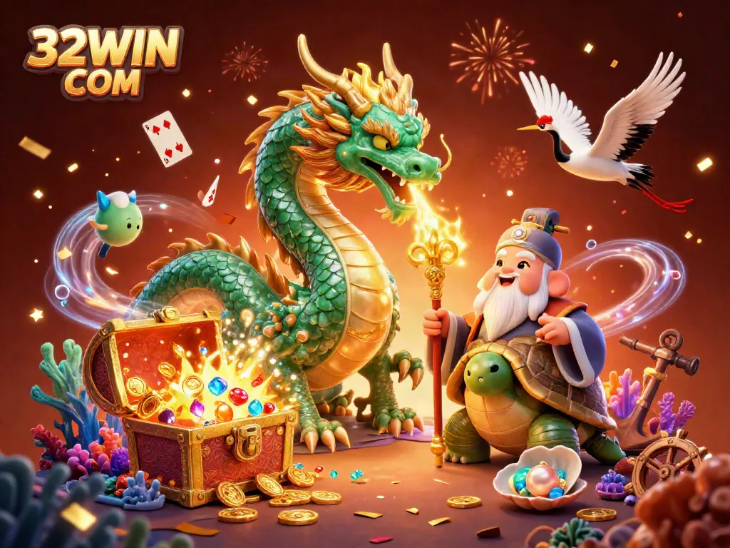 Experience an exciting gaming scene with 32WIN COM, featuring a jade dragon, turtle sage, and lucky cranes.