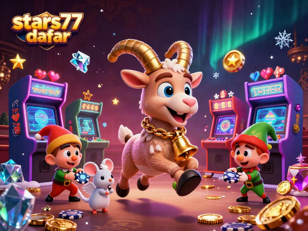 Gambarkan suasana seru saat bermain di stars77 daftar, dengan ikon permainan yang menarik dan tokoh kartun dalam skenario kasino yang menyenangkan.