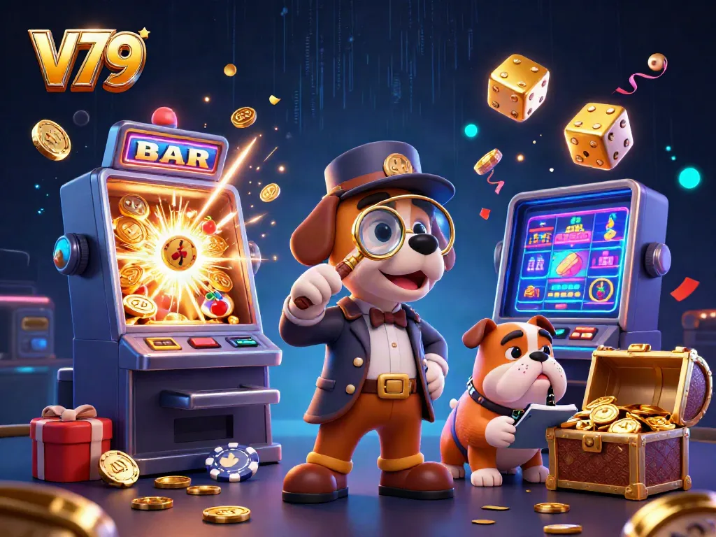 Join the adventure at V79 as the detective discovers treasures amid vibrant casino elements.