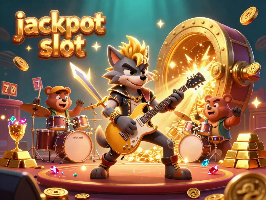Experience the excitement of jackpot slots with vibrant characters and gold treasures lighting up the casino scene.