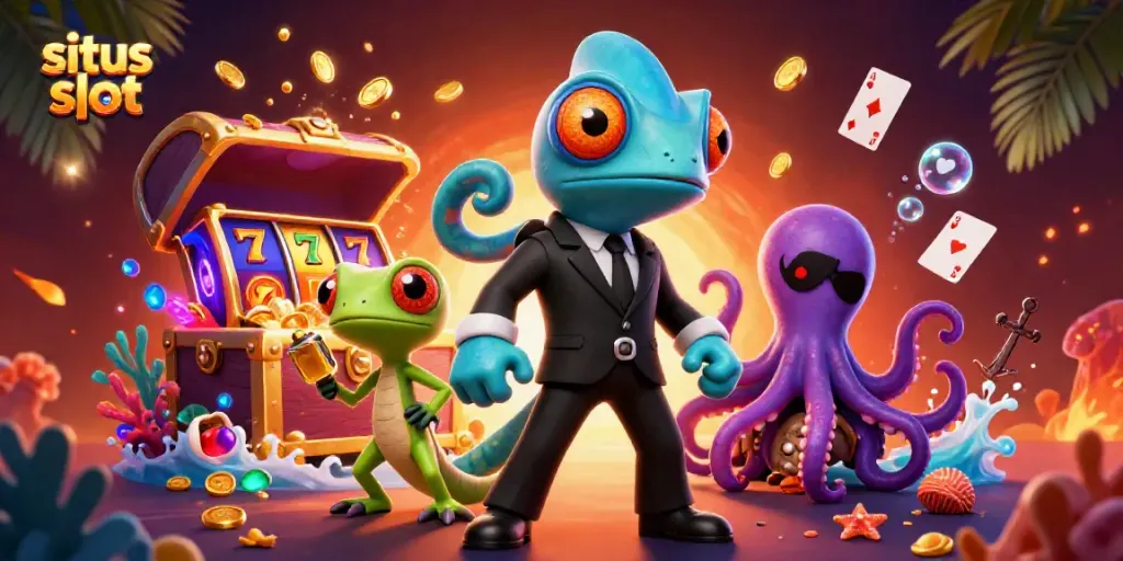Experience thrilling action with situs slot as a chameleon, tech-gecko, and octopus in lively casino scene.