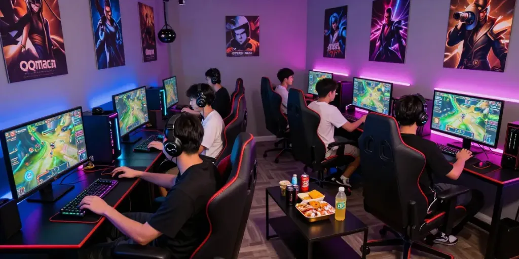 Friends enjoying an exciting online game session of qqmacan with vibrant gaming setup and snacks