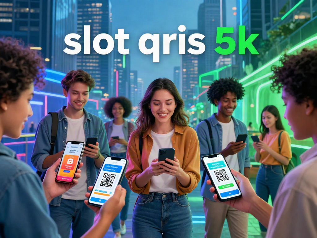 Engaging scene showcasing people using 'slot qris 5k' mobile payments in a vibrant urban setting.