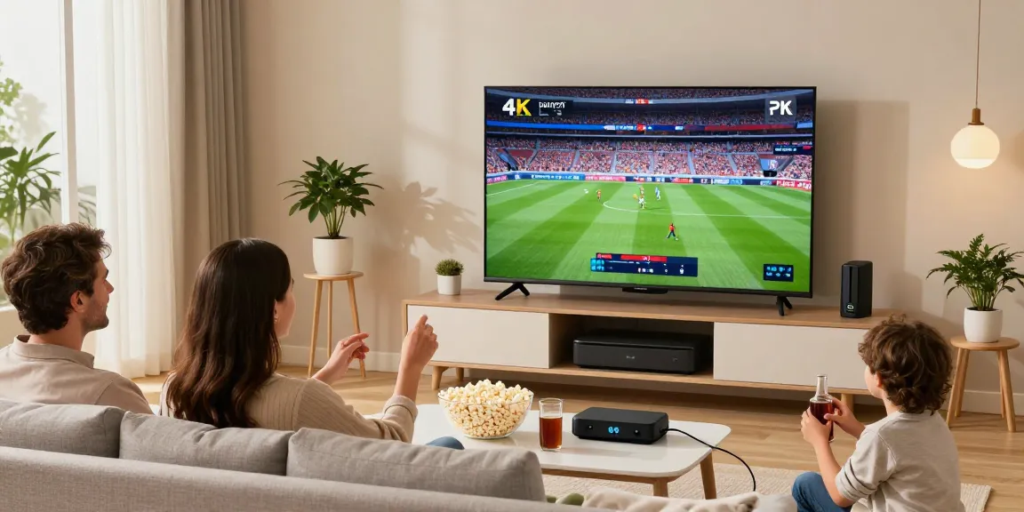 Gezin geniet van Dutch IPTV met 4K-inhoud in een gezellige woonkamer.