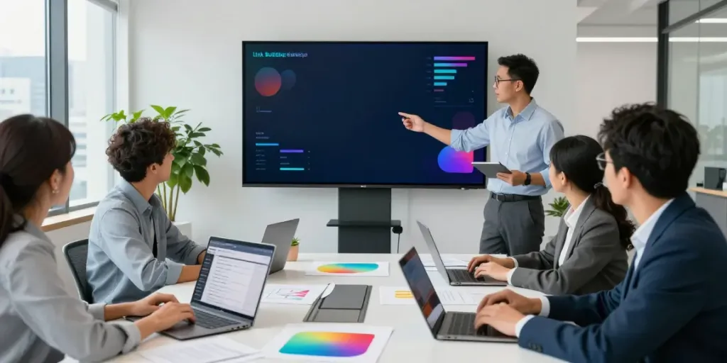 Link building expert for improving organic rankings in a professional SEO marketing office with collaborative team brainstorming.