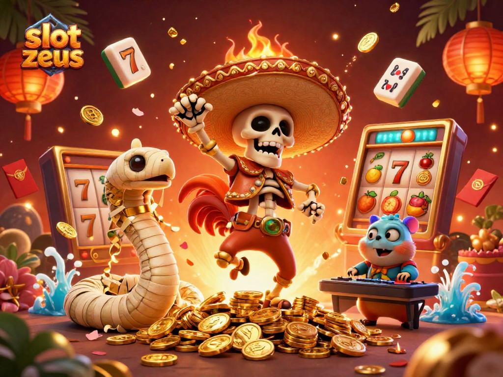 Slot Zeus mengubah gulungan dengan karakter kasino penuh warna dalam suasana ceria.