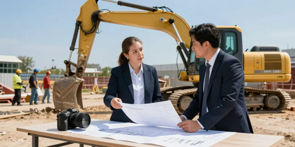 Discussing Heavy Machinery Loans on construction site with excavator.