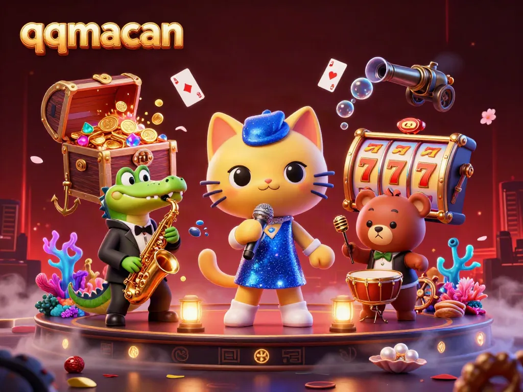 Win big with qqmacan in this vibrant casino scene featuring animated characters and slot machines.