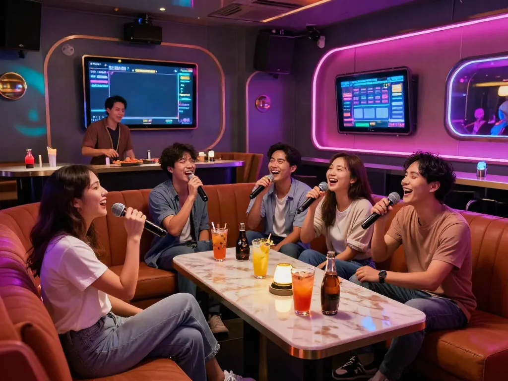 강남 달토의 환상적인 가라오케 분위기에서 친구들이 노래를 부르며 즐거운 시간을 보내고 있는 모습