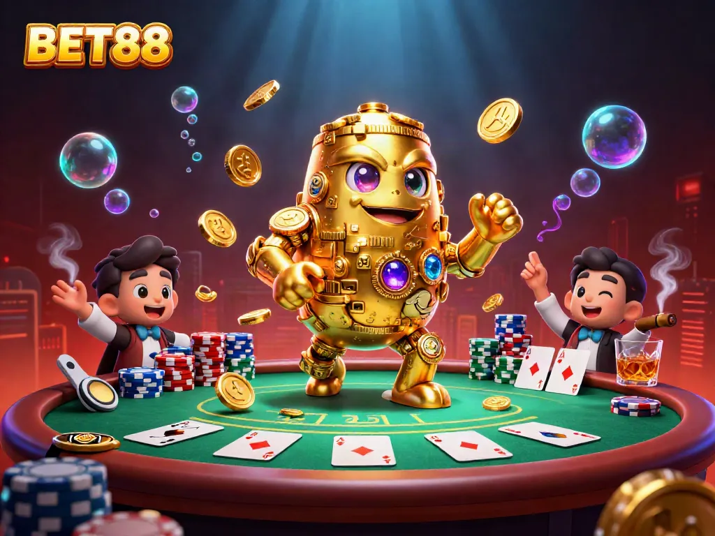 BET88 mang đến trải nghiệm thú vị với gopher vàng cổ điển, bên bàn poker đầy chip và bài.