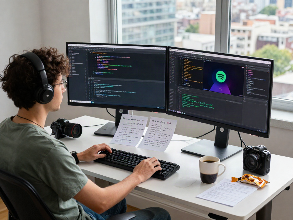 Creating a Spotify mod in a modern tech workspace with dual monitors.