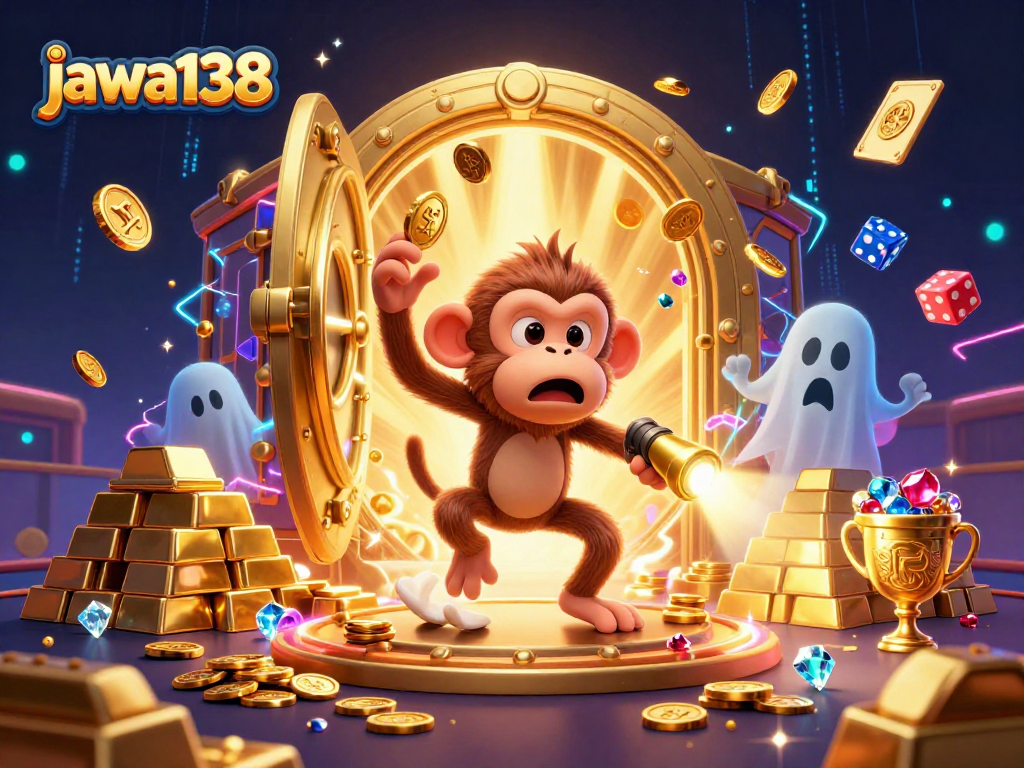 Engage with the lively scene of jawa138 as a poltergeist monkey juggles golden objects in a bustling casino floor.