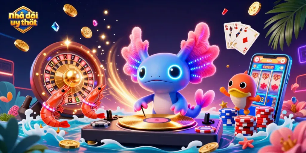 Spin and win at Nhà cái uy tín with vibrant casino-themed 3D illustration of energetic characters.