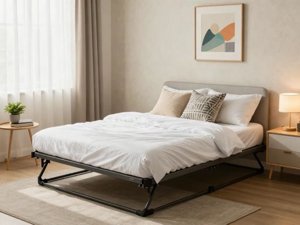 Cozy guest room featuring a folding bed with soft linens and natural light.