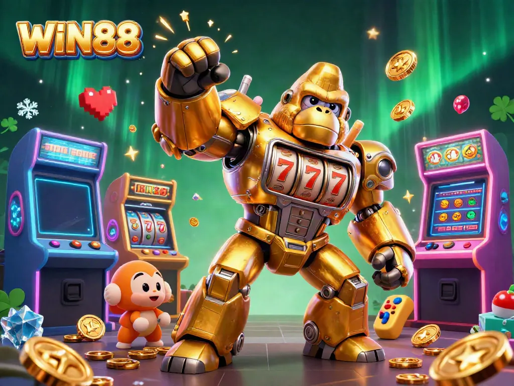 Experience the thrilling WIN88 action with a golden gorilla mech amidst vibrant casino elements