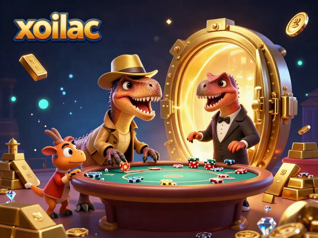 Xoilac offers an engaging blackjack scene with a velociraptor card counter and a vigilant pit boss.