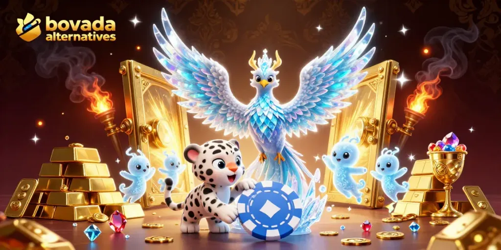 Bovada alternatives showcase vibrant casino scene with an ice phoenix, snow leopard cub, and glittering treasures.