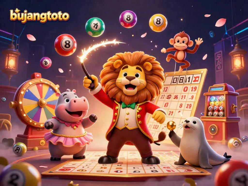 Experience the excitement of bujantoto with a vibrant 3D circus-themed illustration featuring colorful lottery elements and animated characters.