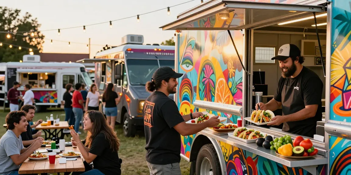 Food truck startup costs highlighted in a lively outdoor event with vibrant food trucks serving gourmet dishes.