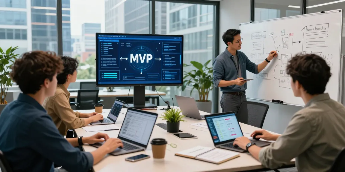 Engaged team collaborating on mvp development service in a modern office, showcasing creative processes and project planning.