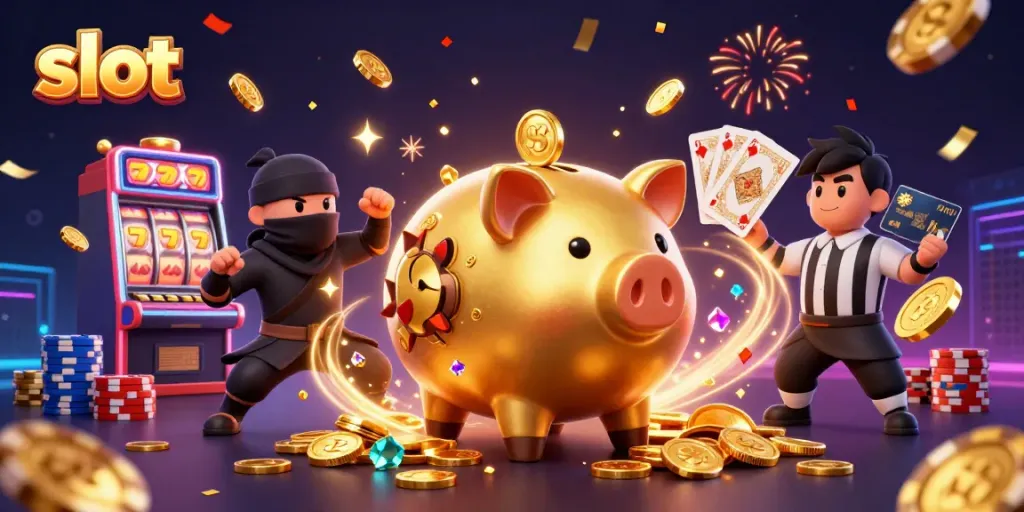 Engaging slot-themed illustration with golden piggy bank and dynamic game elements.
