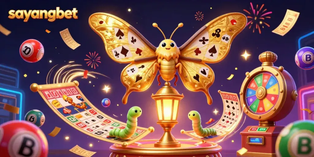 Experience dynamic gaming with sayangbet, featuring colorful lottery balls and a vibrant casino atmosphere.