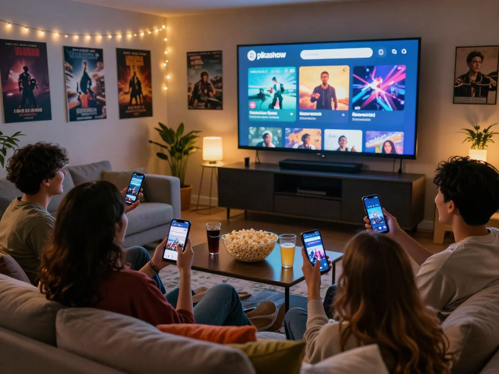 Friends enjoying a movie night with Pikashow streaming on a large screen in a cozy living room.