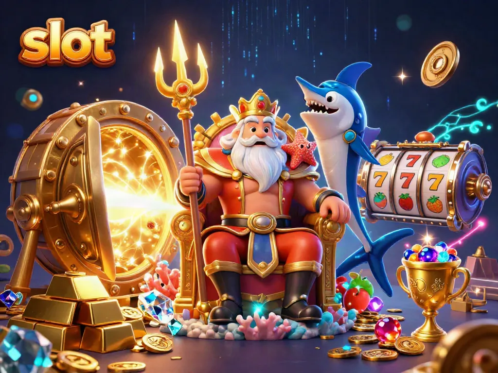 Memenangkan slot dengan mesin dan harta karun berkilauan dalam ilustrasi yang berwarna-warni.