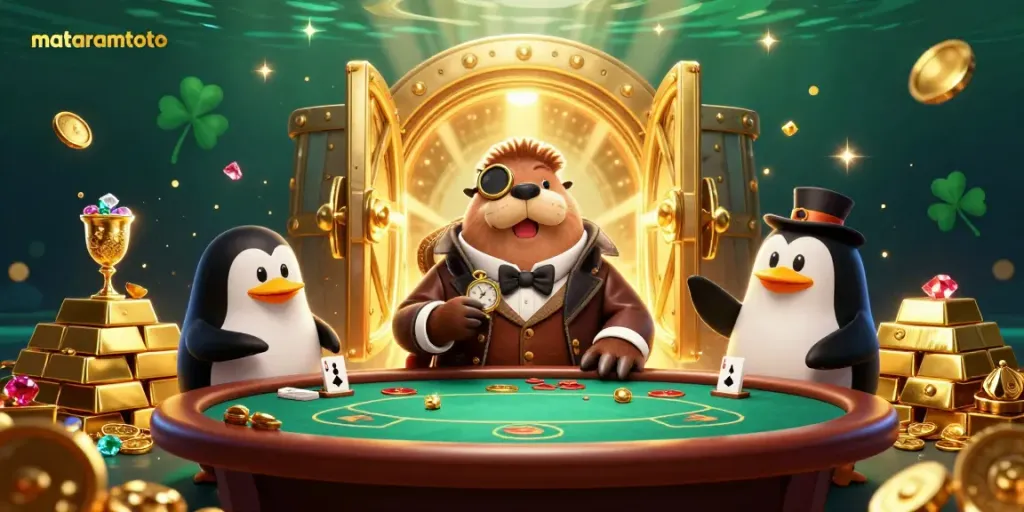 Join the fun at Mataramtoto with a jolly walrus at an underwater poker game surrounded by opulent treasures.