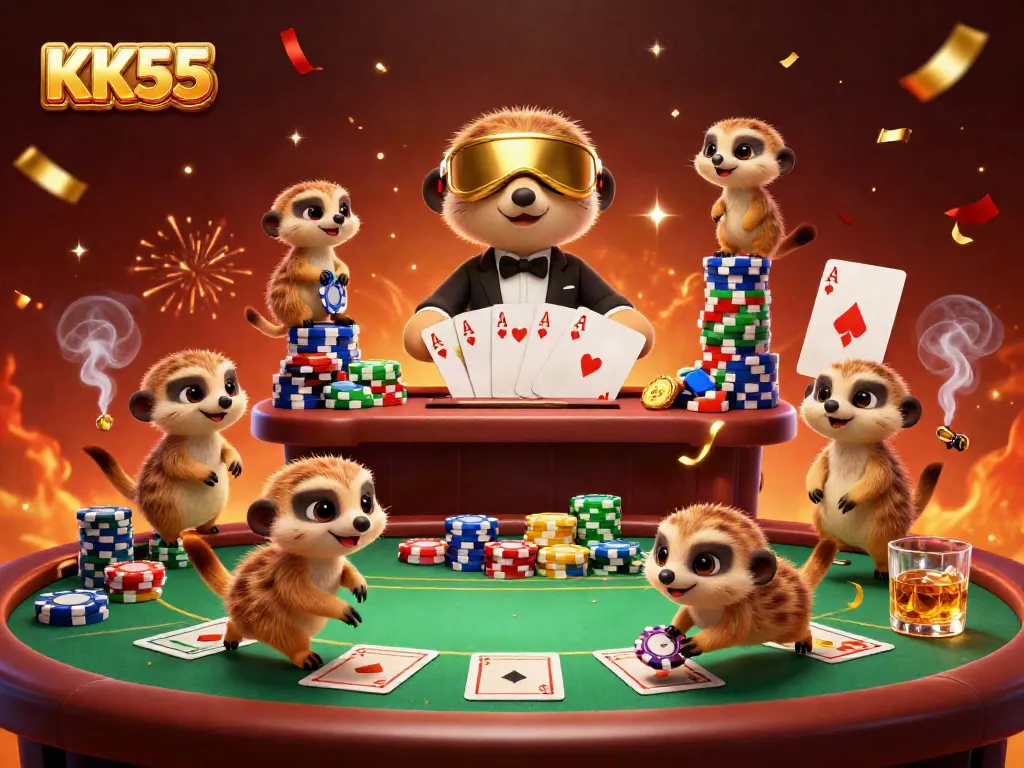 Engage in thrilling casino action with KK55's meerkats operating a vibrant gaming scene.