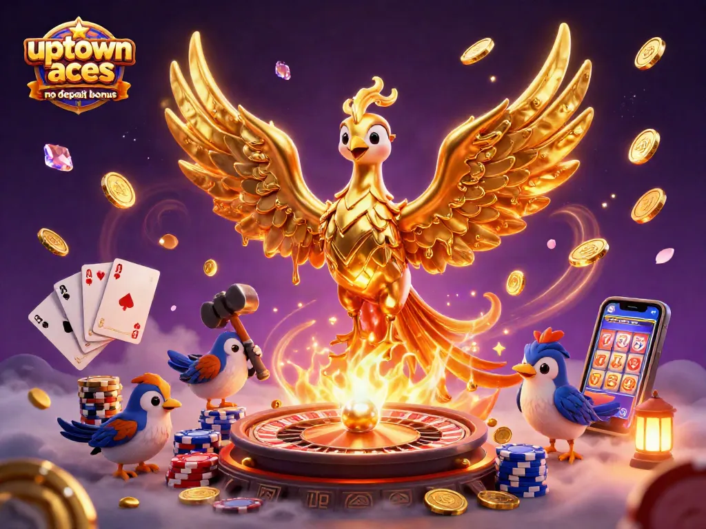 Experience the excitement of uptown aces no deposit bonus with a dazzling 3D casino illustration.