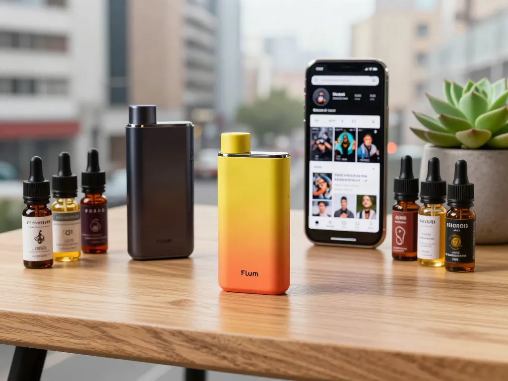 Flum vape device on a wooden table with e-liquids and a smartphone, showcasing trendy vaping lifestyle.