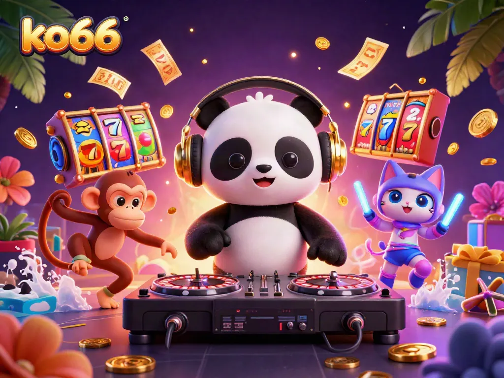 Experience ko66 casino excitement with a DJ panda, monkey, and kitten in a vibrant gaming scene.