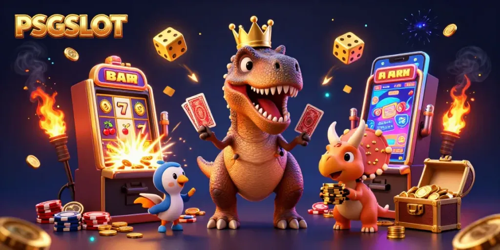 Experience the excitement of PSGSLOT with playful dinosaurs in a vibrant casino illustration.