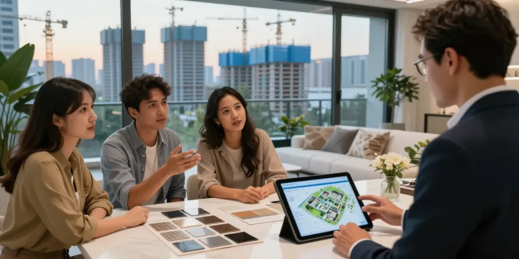 Excited couple exploring new launch condo features with a real estate agent in modern urban setting.