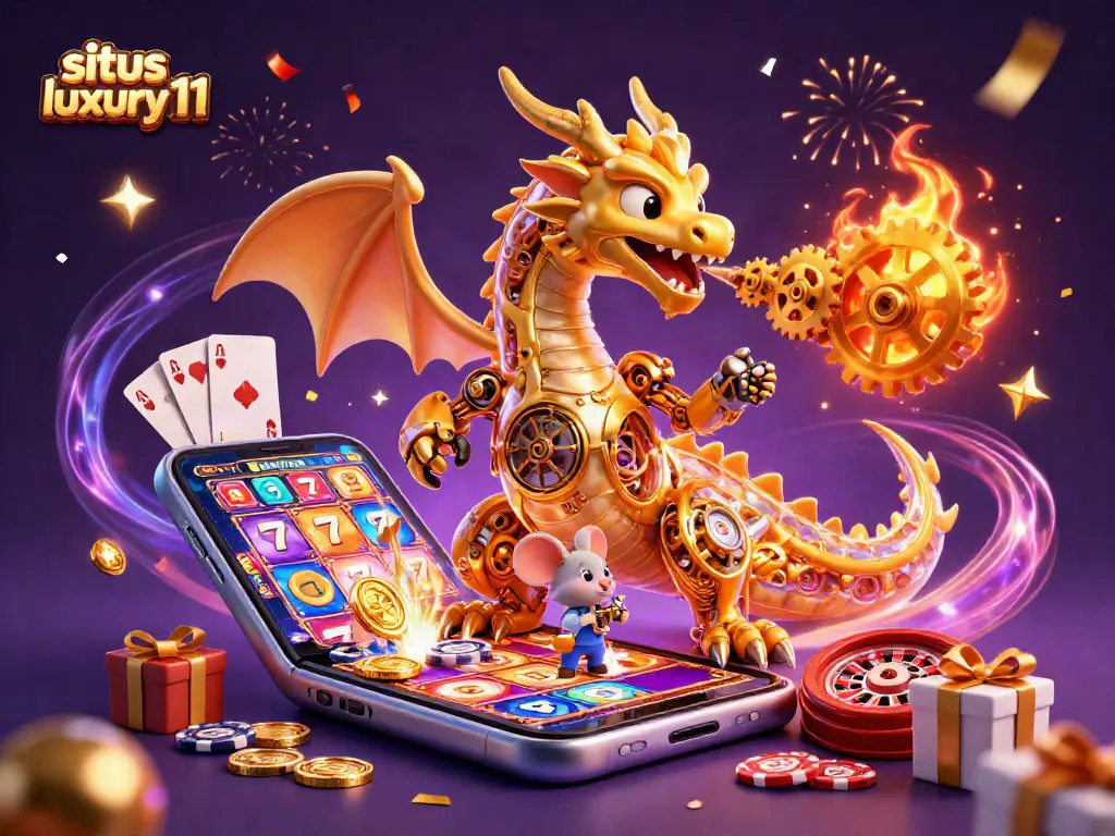 Situs luxury111 promotes thrilling casino action with a dragon, gears, and slot games.