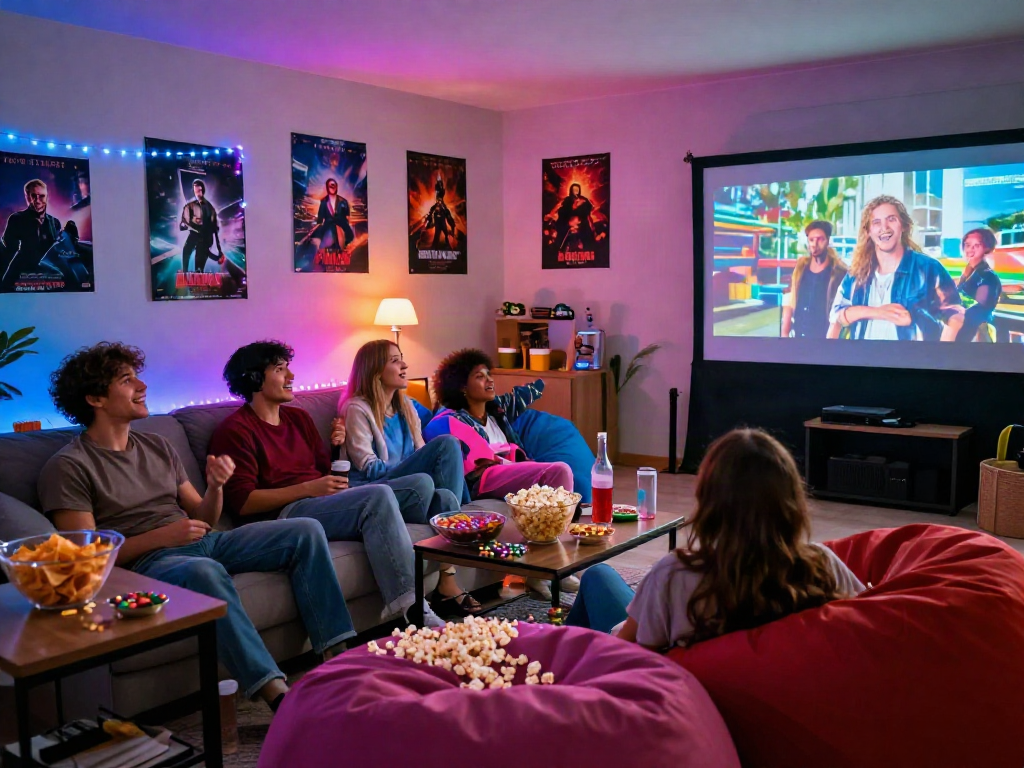 Friends enjoying a movie night together with Moviebox on screen and vibrant snacks.