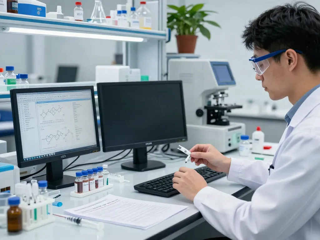 Buy BPC-157 online in a modern laboratory setting with a researcher analyzing peptides.