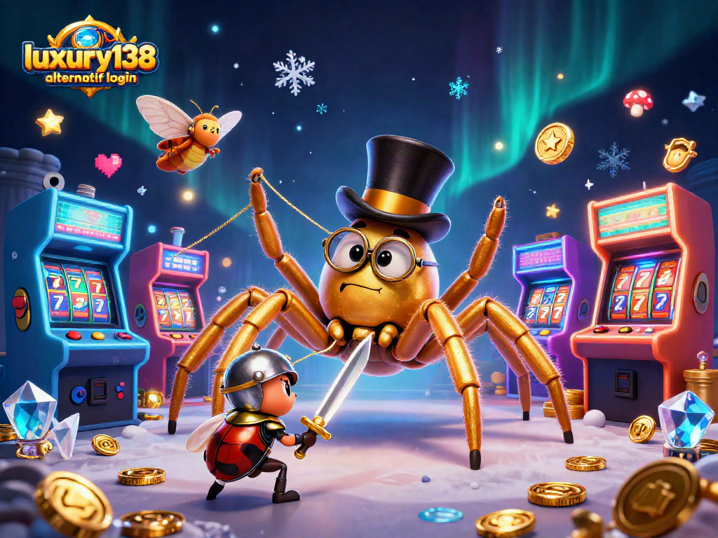 Gambarkan aksi menarik pada luxury138 alternatif login dengan karakter unik dan simbol perjudian.
